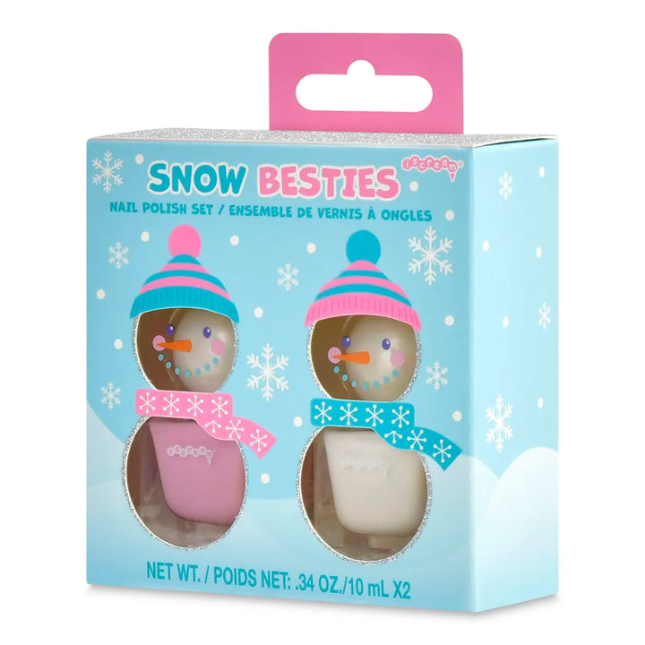 Snow Besties nail polish set in its original retail packaging, featuring two small bottles shaped like snowmen with pink and blue colors.