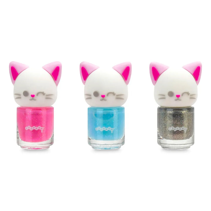 Three nail polish bottles with white cat-shaped caps on a white background. The left bottle has bright pink glitter polish, the middle has light blue glitter polish, and the right has dark silver glitter polish.