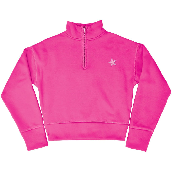 A bright pink long-sleeve quarter-zip sweatshirt with a small white star logo on the left chest, displayed flat against a white background.