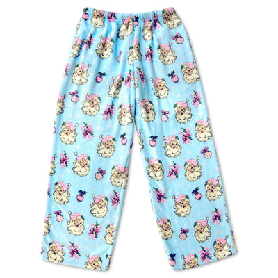 blue plush pants with vintage santas all over them. Santa is wearing a pink hat.