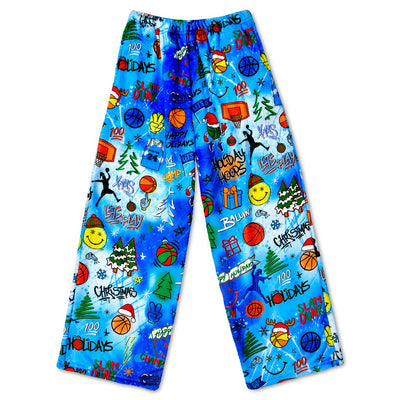 boys plush pants with sports holiday theme all over them. 