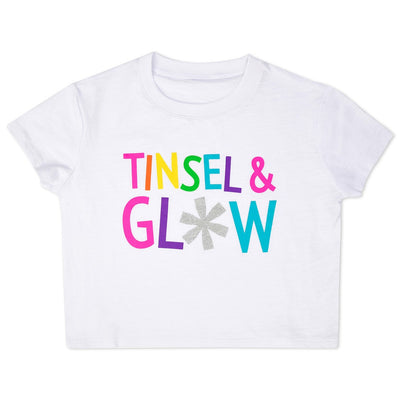 white t-shirt with Tinsel and Glow written on it