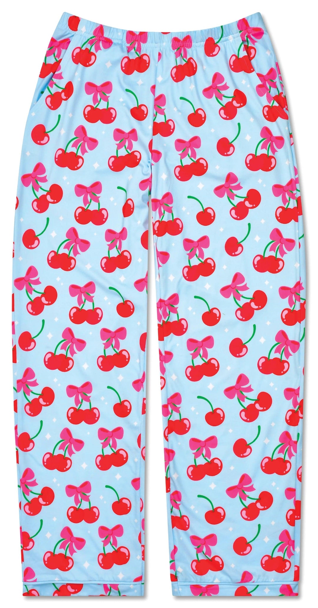 long pants in the set, light blue with red cherries and pink bow tying the stems together. 