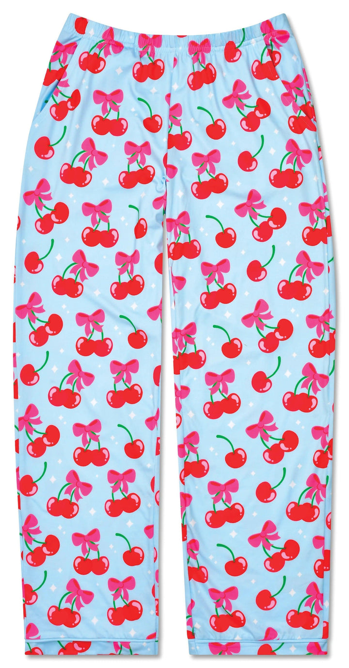 long pants in the set, light blue with red cherries and pink bow tying the stems together. 