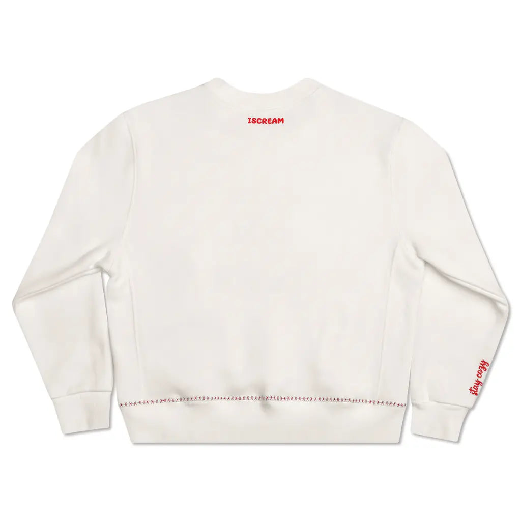back of White sweatshirt with 'ISCREAM' branding on a white background
