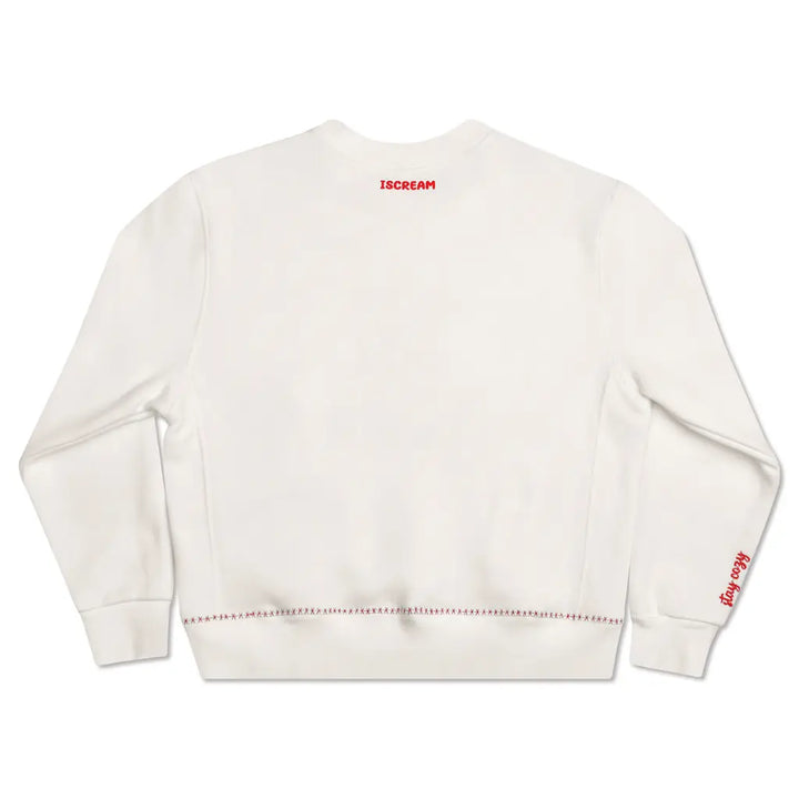 back of White sweatshirt with 'ISCREAM' branding on a white background