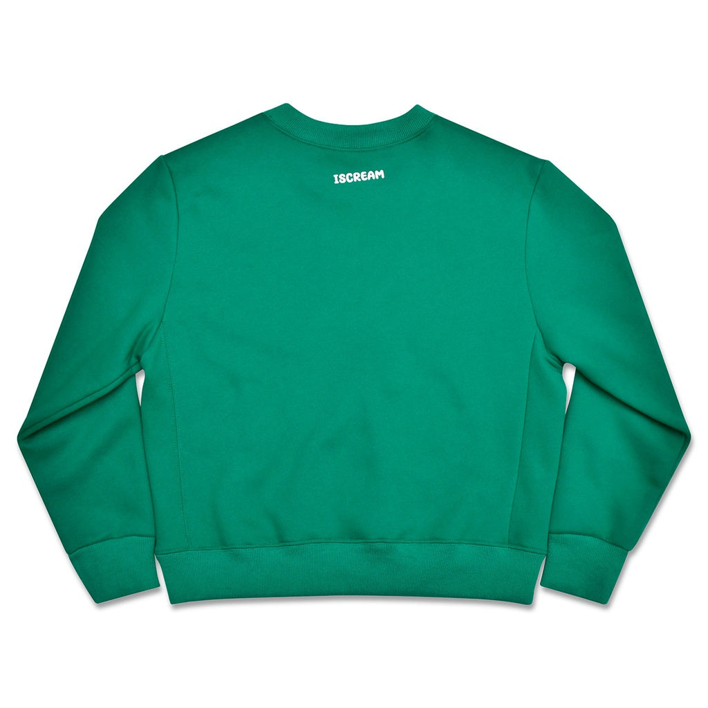 back of Green sweatshirt with 'ISCREAM' logo on a white background