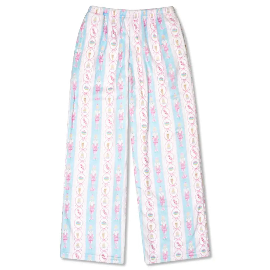 Light blue and white striped pajama pants with vertical columns of pink and white ballerina prints, shown flat against a white background.
