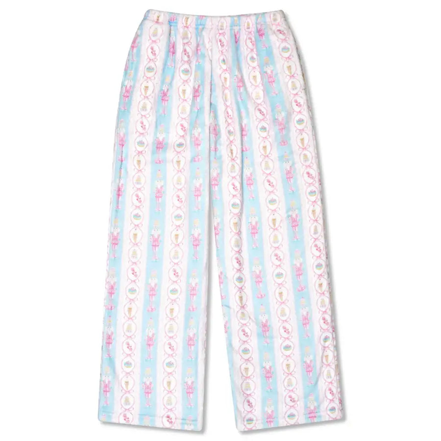 Light blue and white striped pajama pants with vertical columns of pink and white ballerina prints, shown flat against a white background.