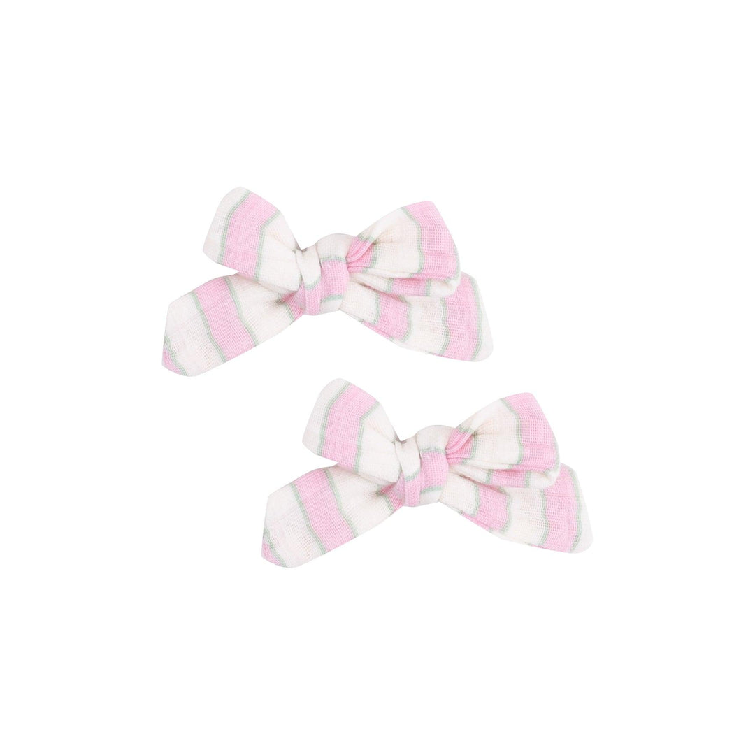 set of 2 hair clips pink and white striped bows attached to clips. 
