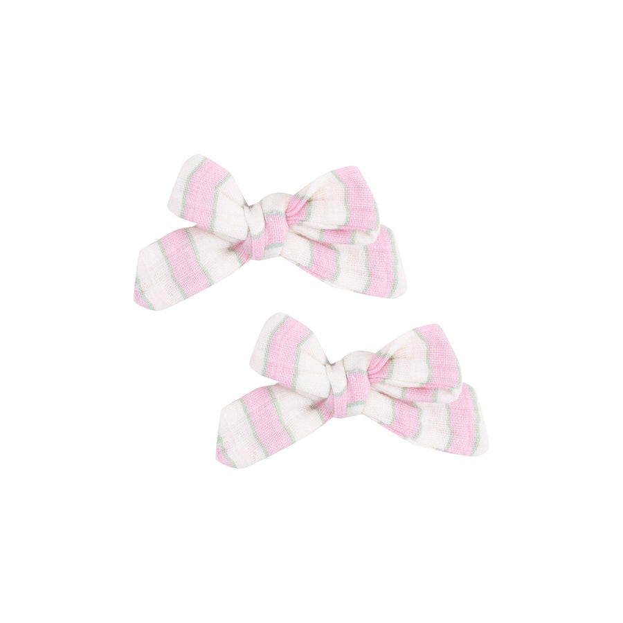 set of 2 hair clips pink and white striped bows attached to clips. 