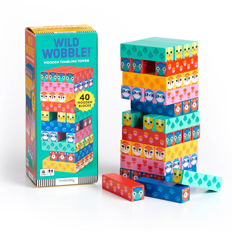 Colorful wooden tumbling tower with 'Wild Wobble!' packaging on a white background