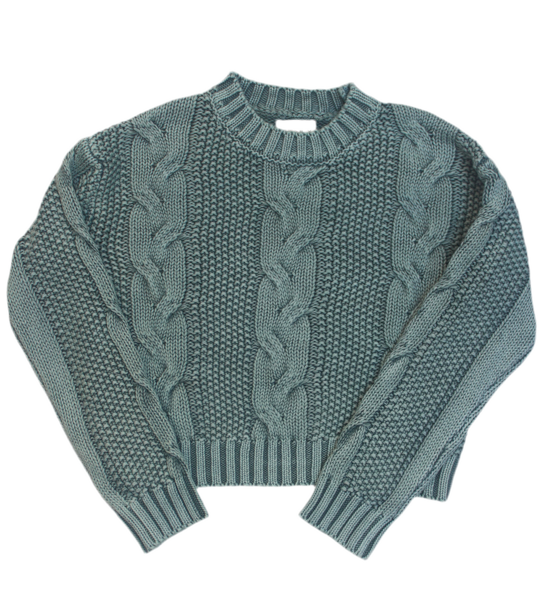 Green cable knit sweater on a white background