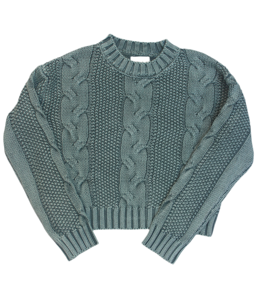 Green cable knit sweater on a white background