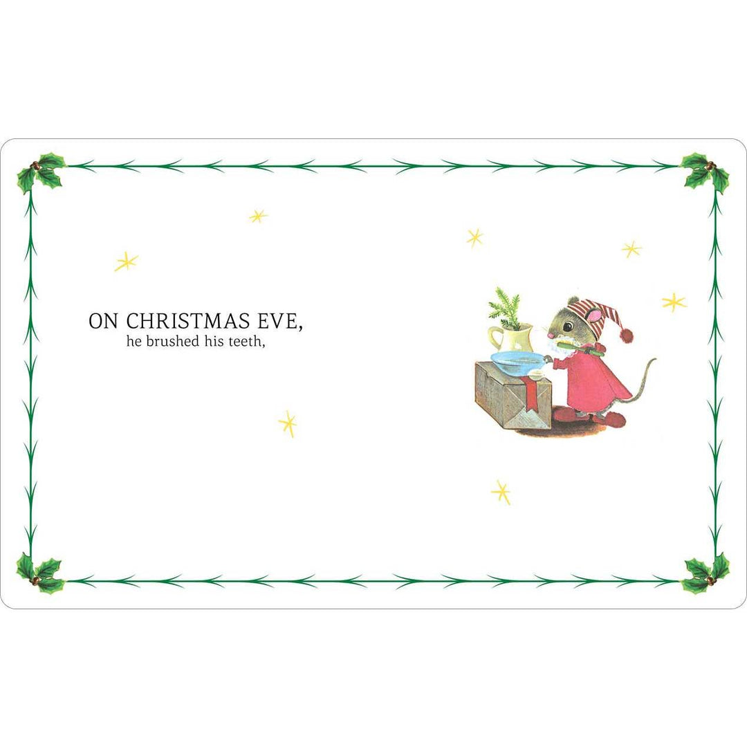 Illustration of a mouse brushing his teeth on Christmas Eve with decorative border and text.