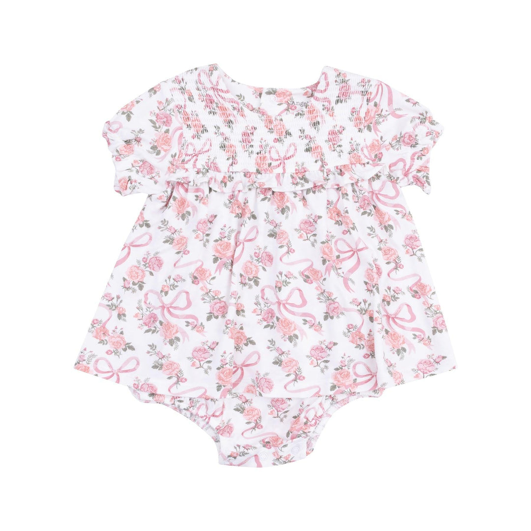 short sleeve bubble dress with pink bows and ribbons and a pink rose bouquet on it. 