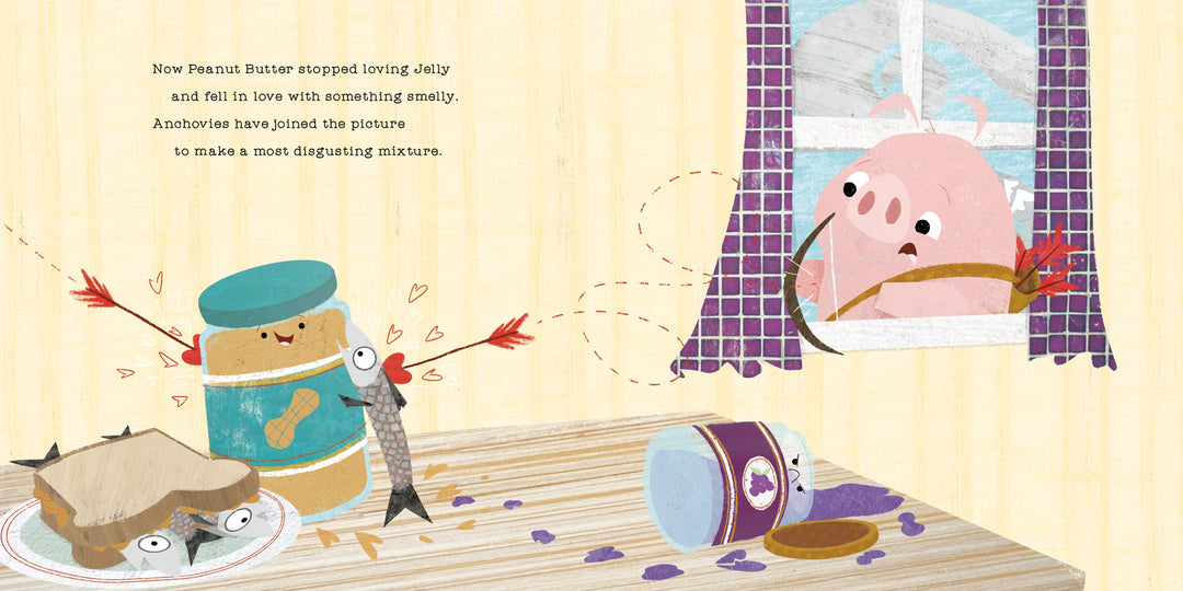 Illustration of a jar of peanut butter, a fish, and a pink creature with a plaid curtain in the background.