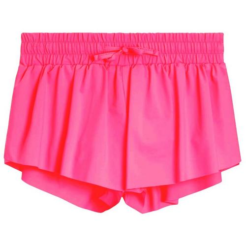Bright neon coral shorts with an elastic waistband on a white background