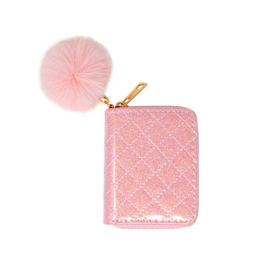 light pink glitter wallet with zipper closure and pink pom pom attached to the zipper closure.