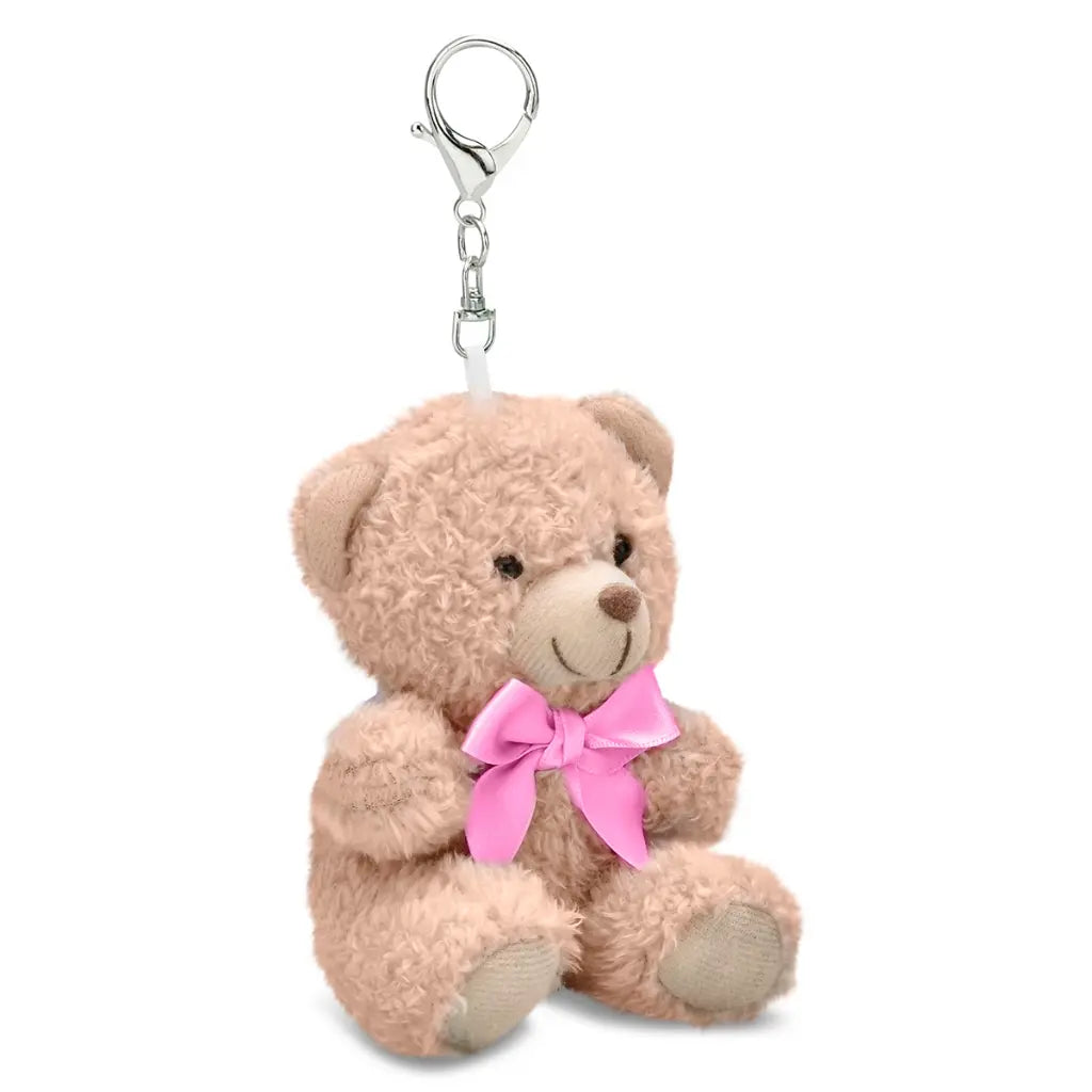 Plush teddy bear keychain with a pink bow on a white background