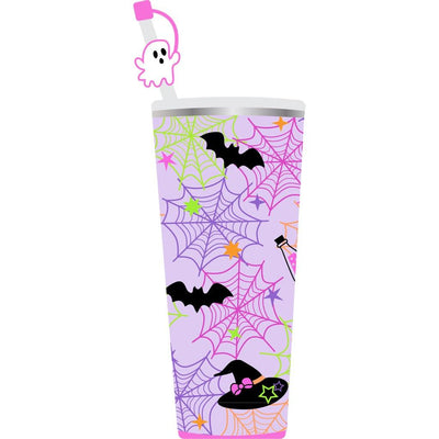 glow in the dark tumbler, ghost topper on the straw, Lavender color base with cob webs and bats all over the tumbler 