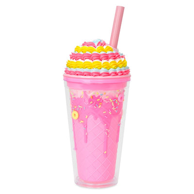 plastic tumbler with a top that looks like pink and yellow frosting piped on top. 