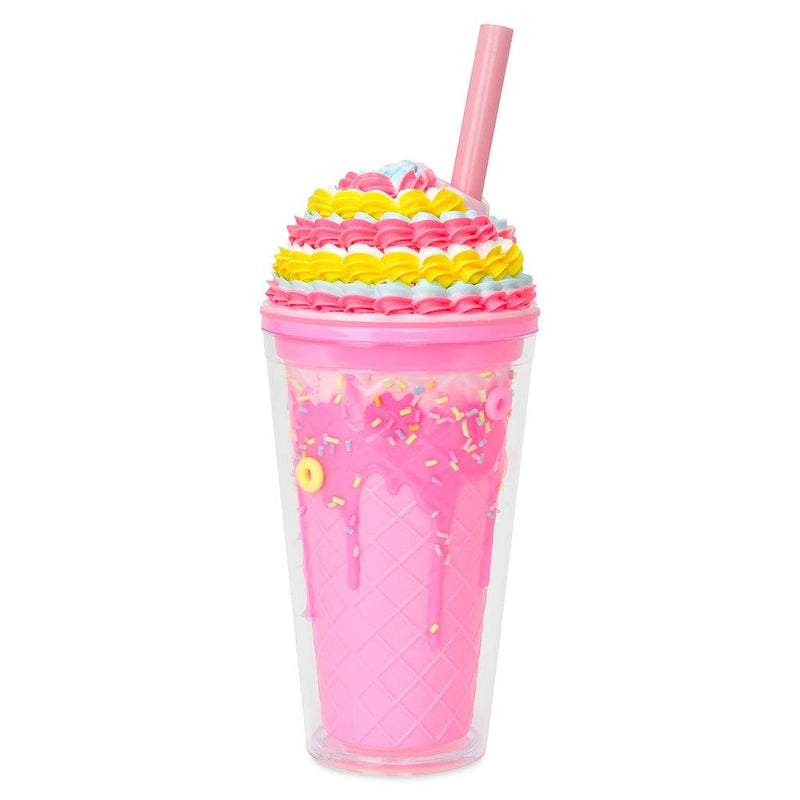 plastic tumbler with a top that looks like pink and yellow frosting piped on top. 