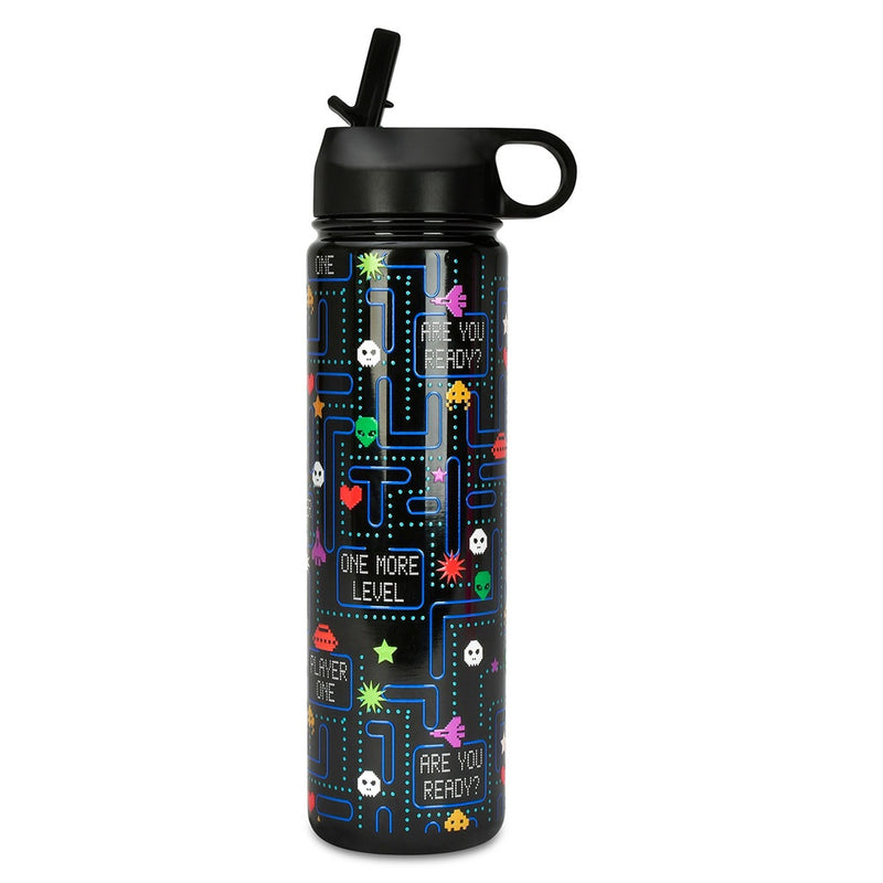 water bottle with black base color and gaming theme on the water bottle. 