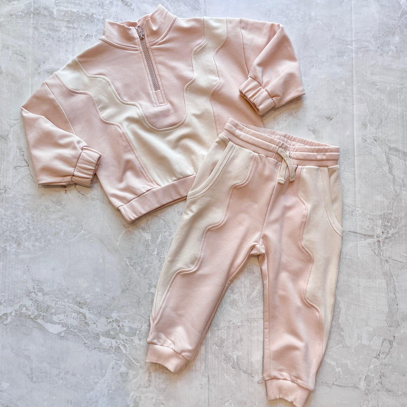 light pink and beige sweatsuit set, 3/4 zipper sweatshirt and sweatpants