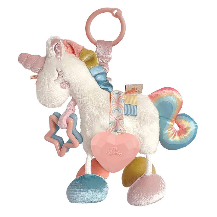 Unicorn-shaped baby toy with colorful elements on a white background