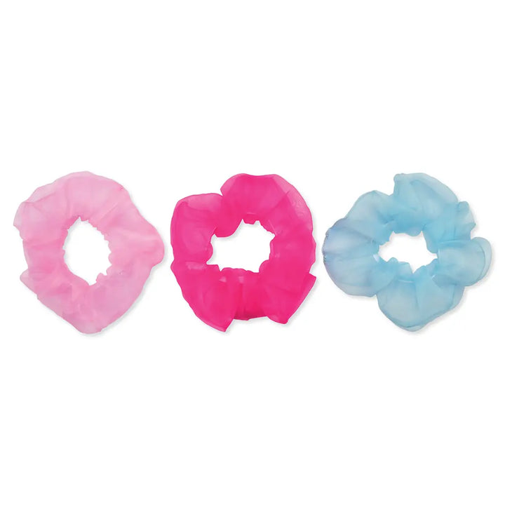 Three colorful scrunchies on a white background