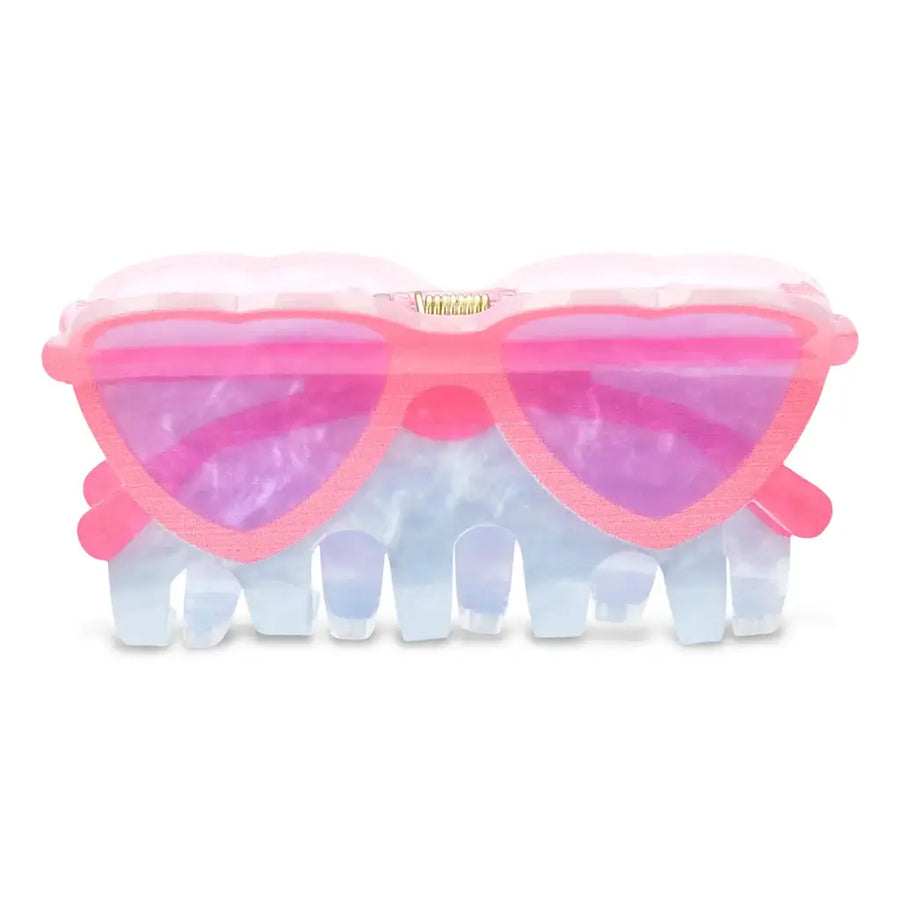Pink sunglasses with a clear case on a white background