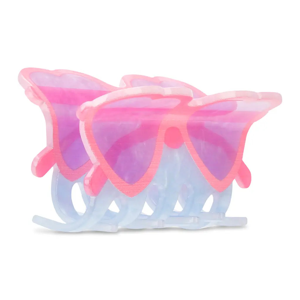 Butterfly-shaped sunglasses with pink and purple gradient on a white background