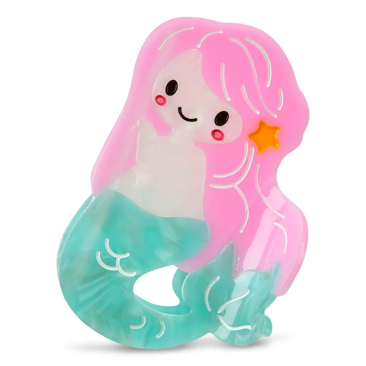 Mermaid-shaped toy with pink hair and green tail on a white background