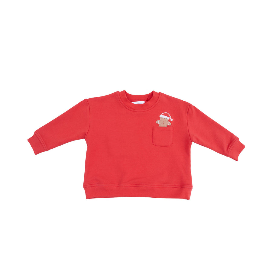 Red sweatshirt with a small gingerbread pocket and design on a white background