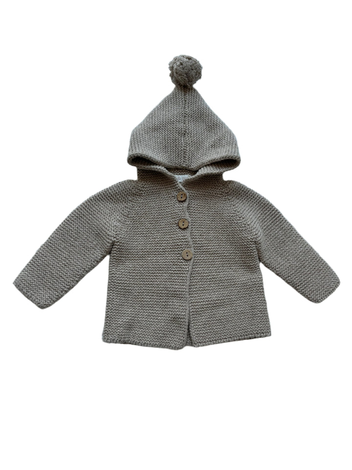 Knitted baby sweater with hood in light brown 