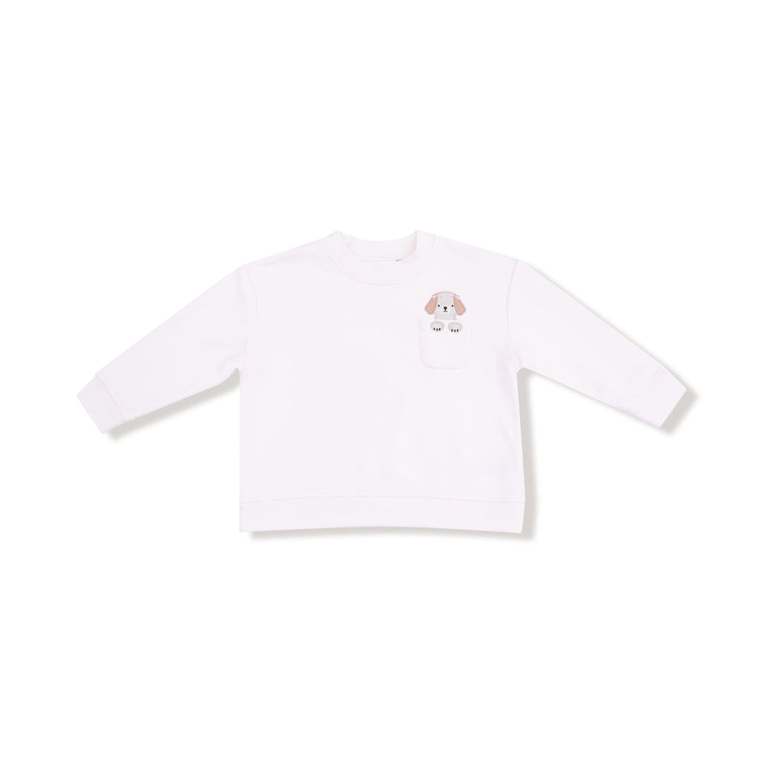 White long-sleeve sweatshirt with a small graphic on a white background