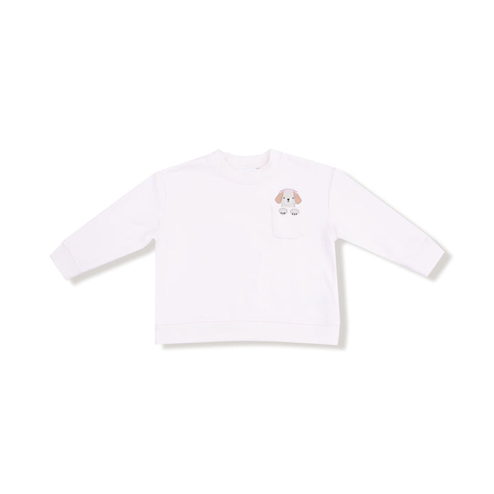 White long-sleeve sweatshirt with a small graphic on a white background