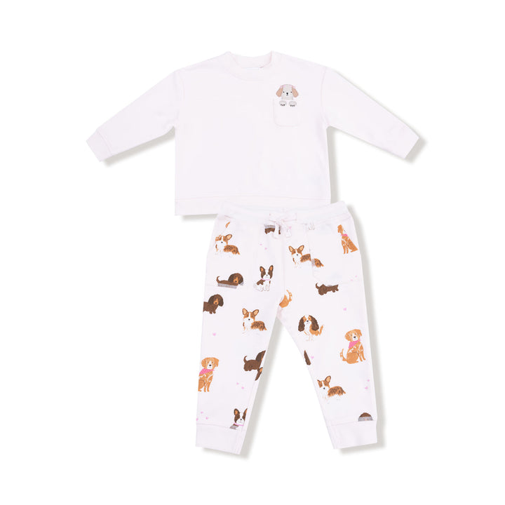 Children' sweatshirt and jogger set with dog pattern on a white background