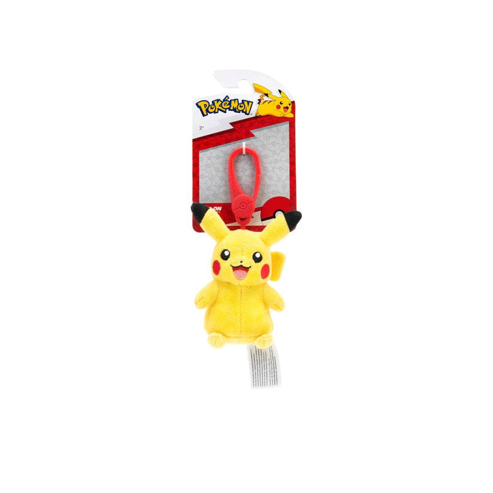 pokemon plush on a keychain- this is of Pikachu Pokemon, yellow plush on a red connector