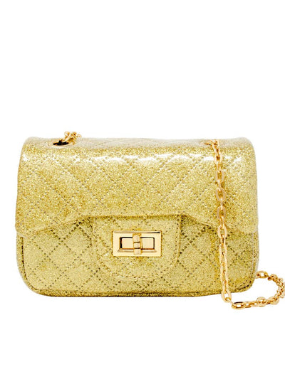 gold glitter quilted handbag with gold chain link shoulder strap 