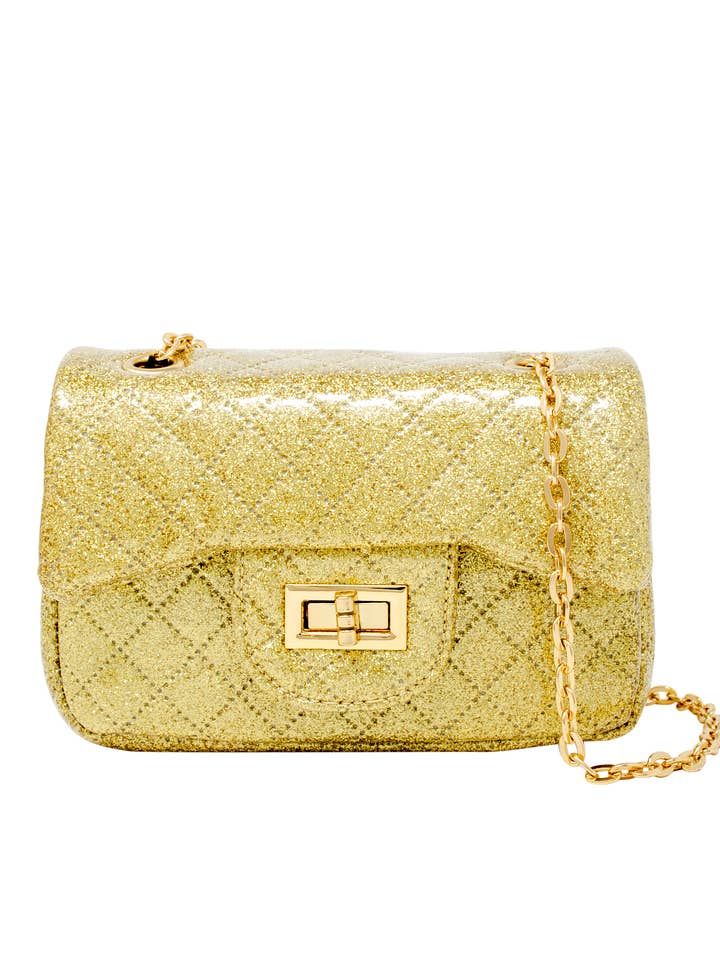 gold glitter quilted handbag with gold chain link shoulder strap 