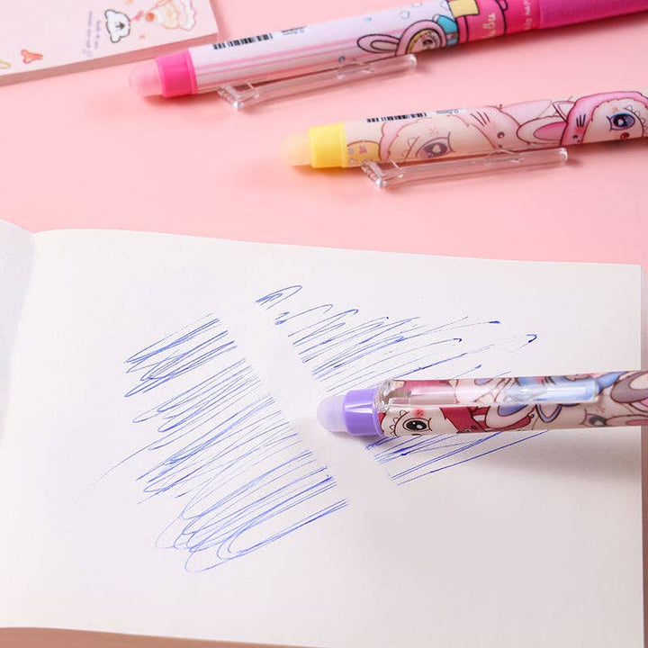 Colorful pens with cartoon designs. this picture shows the pen erasing the ink on the paper. 