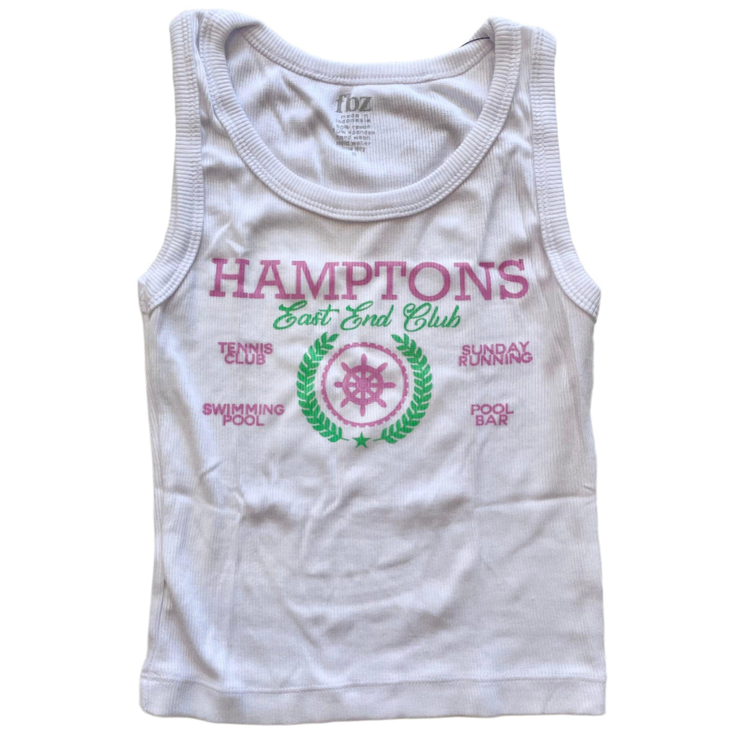 white ribbed tank with the words 'Hamptons, East End Club, written across it. The writing is in pink and green. 