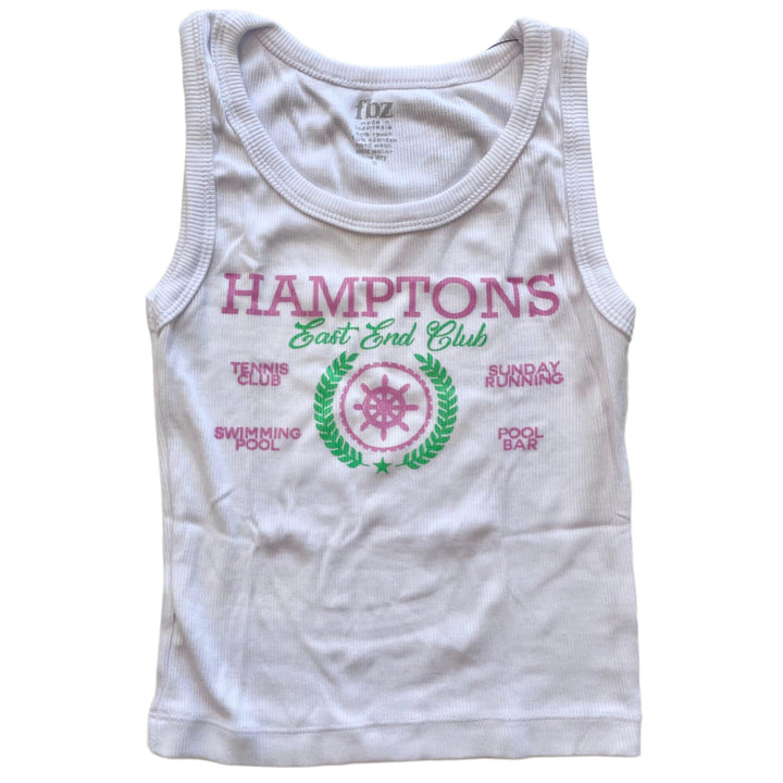 white ribbed tank with the words 'Hamptons, East End Club, written across it. The writing is in pink and green. 
