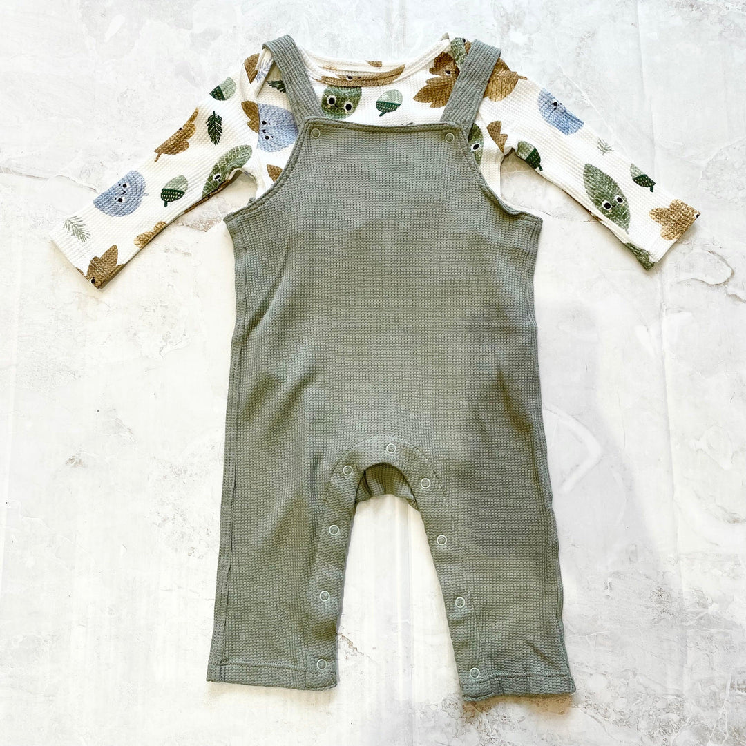 Baby Boy Jumpsuits and Rompers | 2 PCS- Sage Overalls and Cuddly Leaves | Angel Dear
