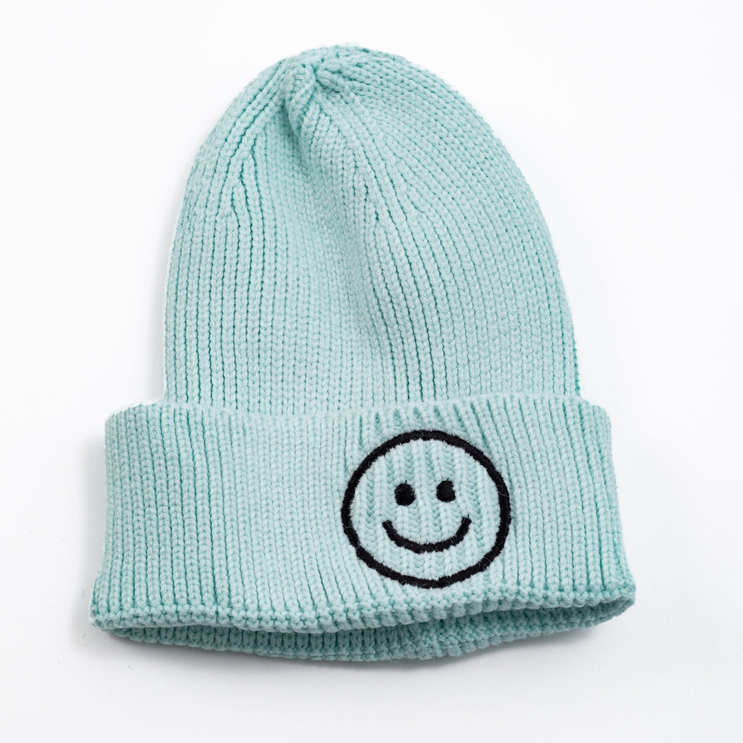 Hat | Kids Smiley Knit Hat- Light Blue | Little Trendy