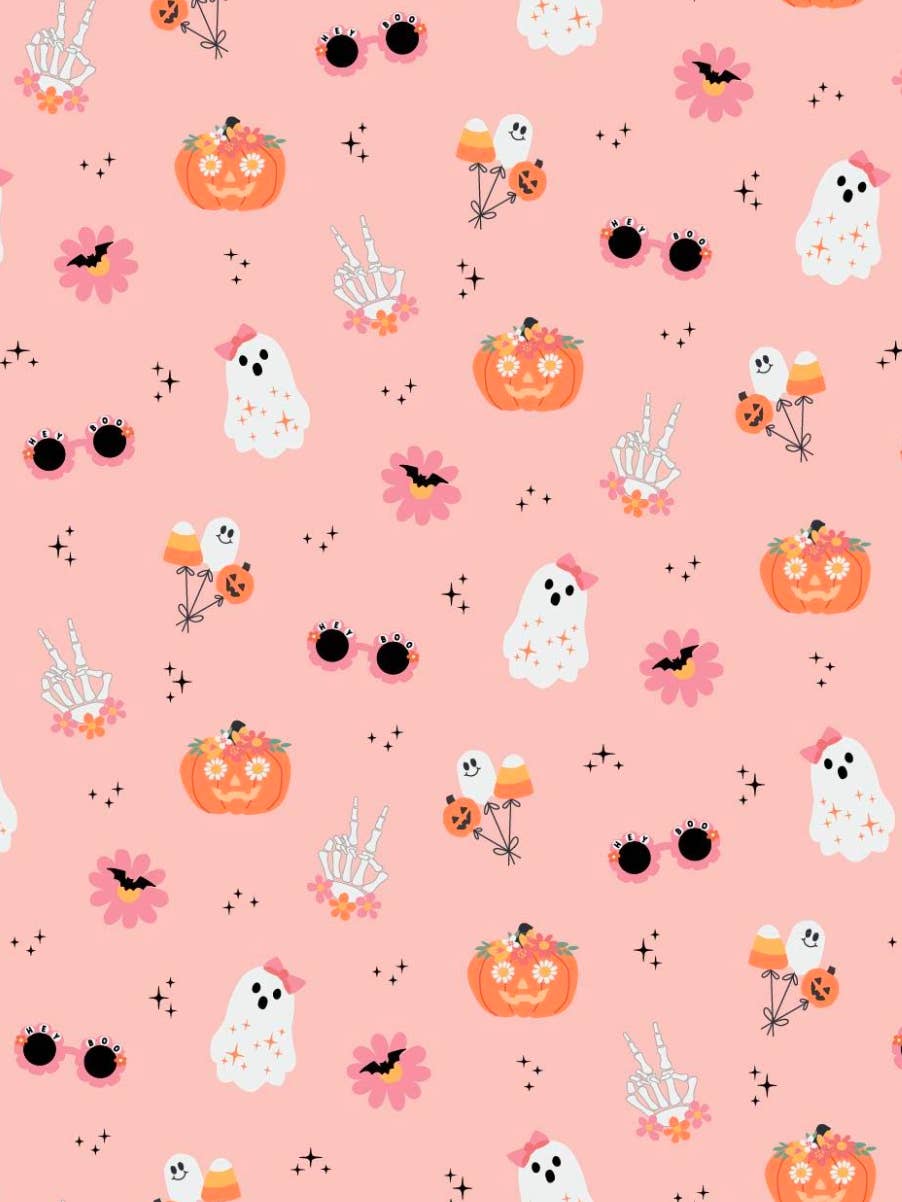 Halloween-themed pattern with ghosts, pumpkins, and candy on a pink background.