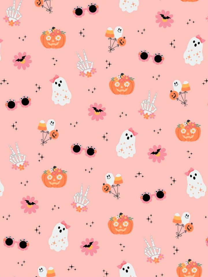 Halloween-themed pattern with ghosts, pumpkins, and candy on a pink background.
