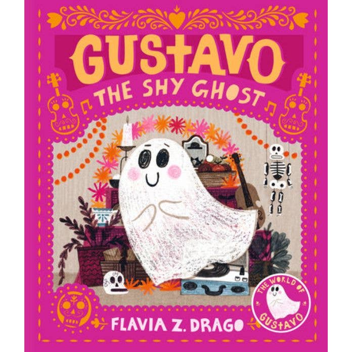 Book cover of 'Gustavo the Shy Ghost' with a ghost character and colorful border.